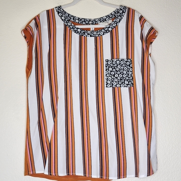 Anthropologie Porridge Orange Stripe Cap Sleeve Blouse L - Picture 3 of 7